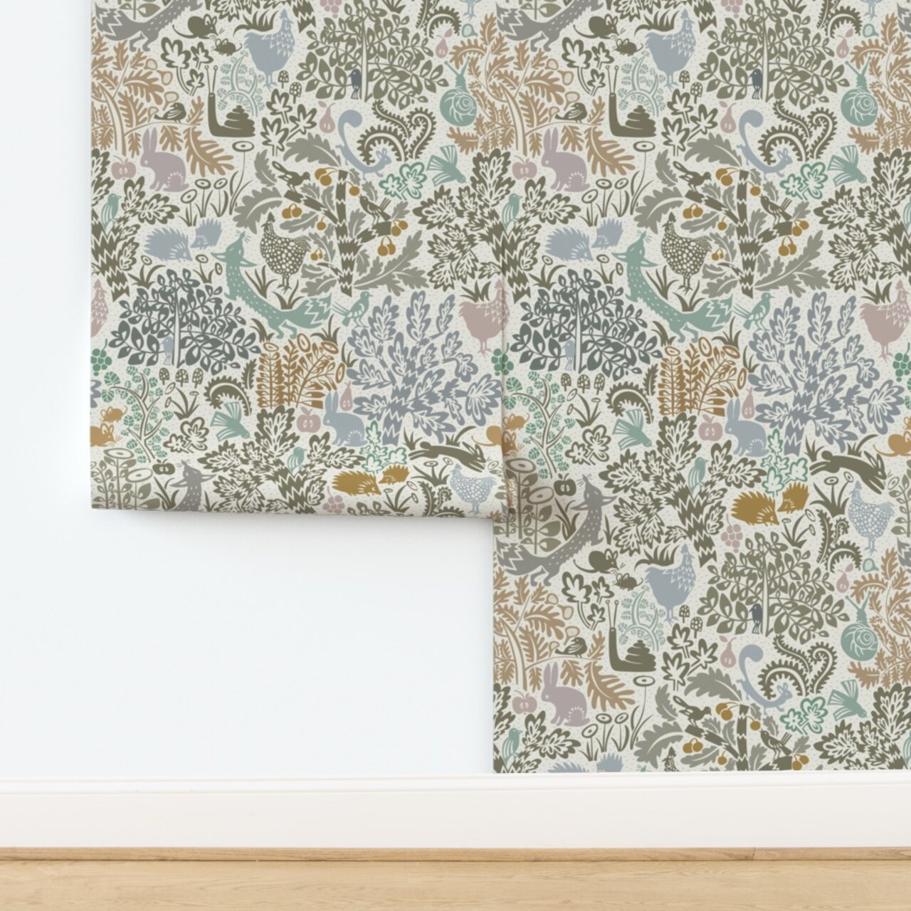 Animals Plants Scandinavian Block Print Rustic Nursery Folk Art Forest Nature Trees Fox Chicken Squirrel Rabbit Birds Fruit Flora Fauna Custom Pre-pasted Wallpaper by Spoonflower Pre-Pasted Wallpaper 2FT Wide